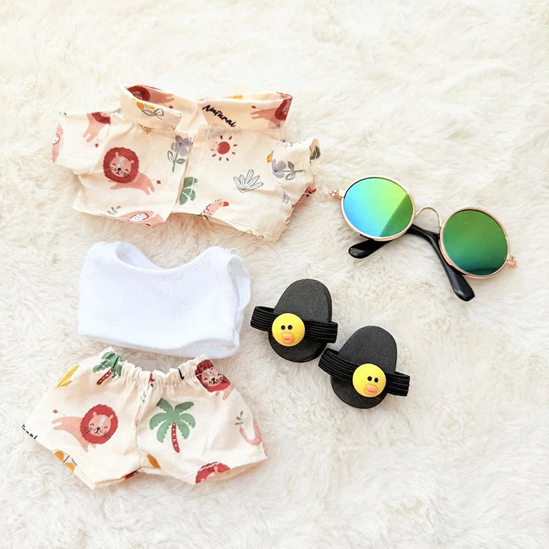 EZ 1 Set Hawaii Original Luxury Clothes for Labubu V1 V2 Cute Shark Duck Shoes Shirt Pants Glasses Beach Clothes Suit for Labubu
