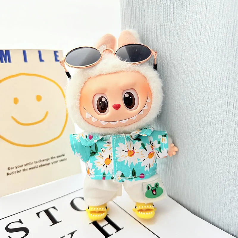 EZ 1 Set Hawaii Original Luxury Clothes for Labubu V1 V2 Cute Shark Duck Shoes Shirt Pants Glasses Beach Clothes Suit for Labubu