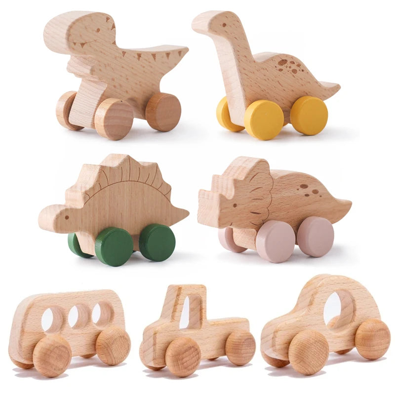 EZ Wooden Baby Car Toys Beech Wooden Dinosaur Cartoon Car Teether Educational Montessori Toys For Children Teething Baby Toys