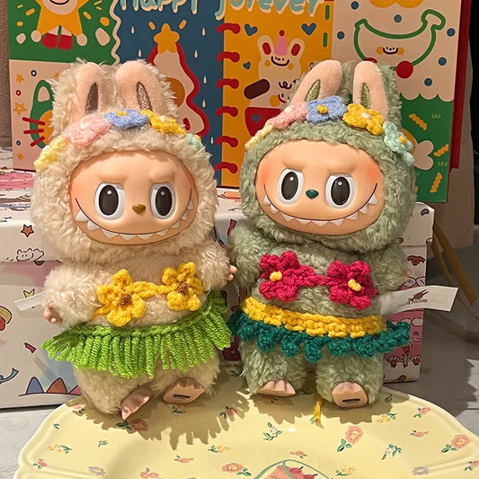 EZ Labubu Clothes 15/17cm V1 V2 V3 Doll Mini Plush Doll Hawaiian Style Bikini Grass Skirt Hair Band 3PCS/Pack Swimsuit Accessories
