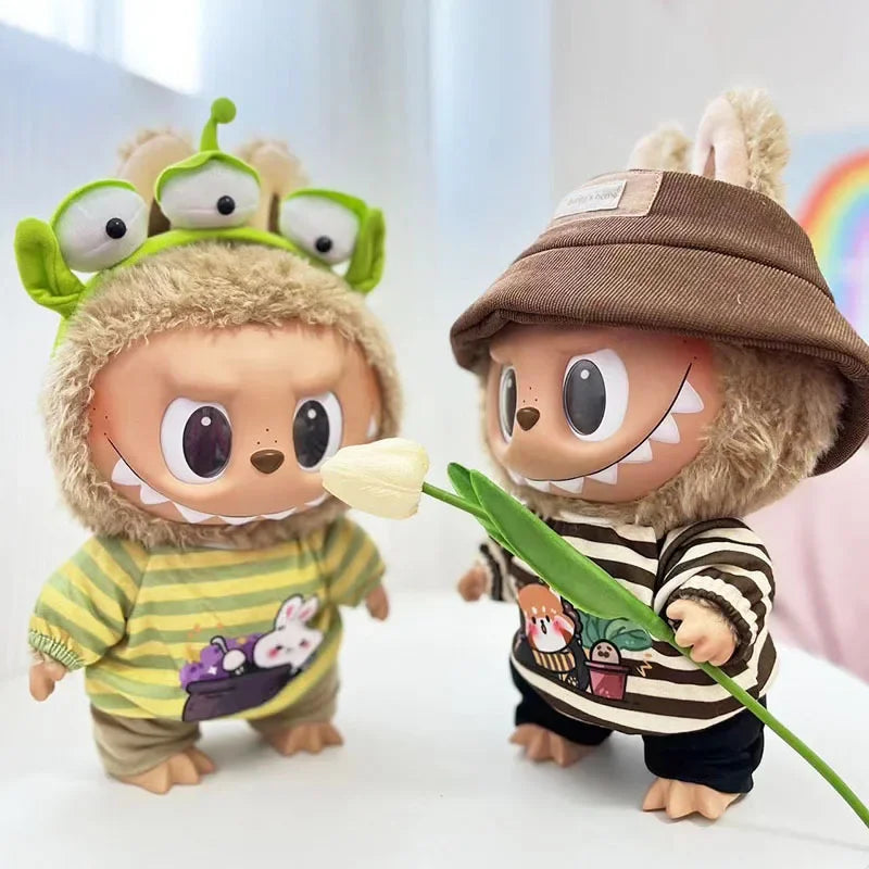 EZ For 38Cm Labubu outfit vinyl plush doll clothes for Korea Kpop Exo Labubu doll clothes striped animal shirt set