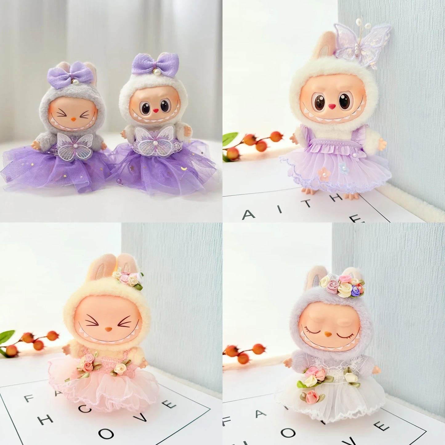 EZ 15/17cm Vinyl Plush Doll Clothes Labubu Pendant Lucky Purple Bow Dress Labubu V1/V2/V3 Clothes Accessories