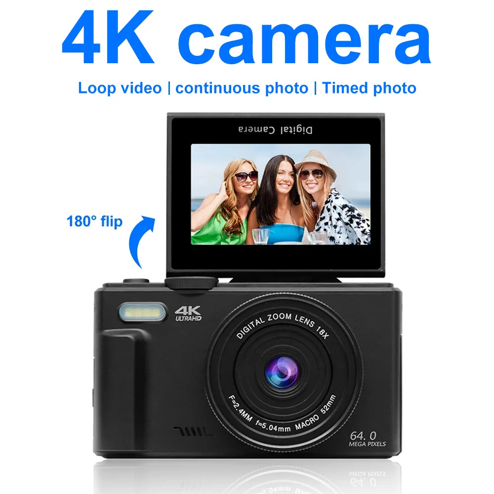 EZ 4K Digital Camera for Photography and 18X Digital Zoom Camera 64MP Compact Vlogging Camera 3'' 180° Flip Screen with Flash
