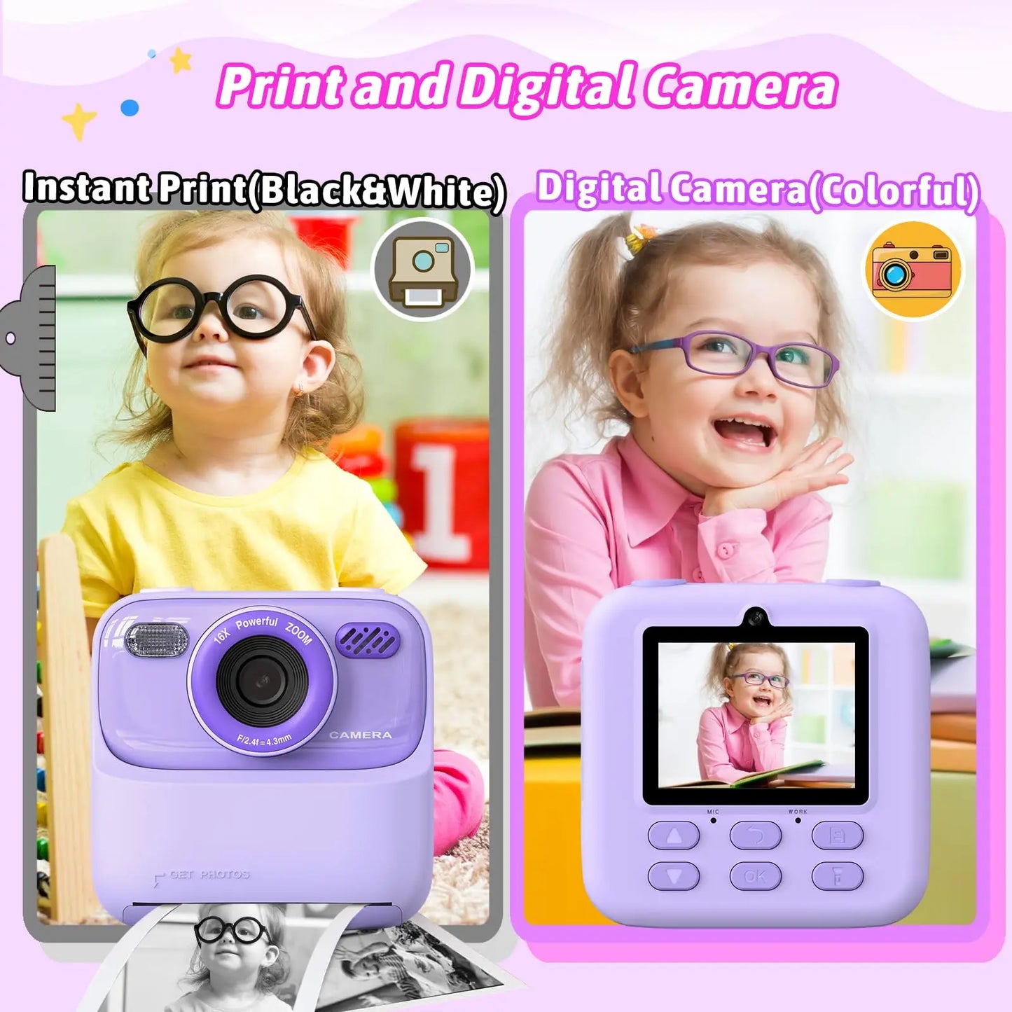 EZ Kids Digital Camera 1080P Vedio Thermal Instant Print Camera With 32G For Girls Boys Age 3-12 Best Christmas Birthday Gifts