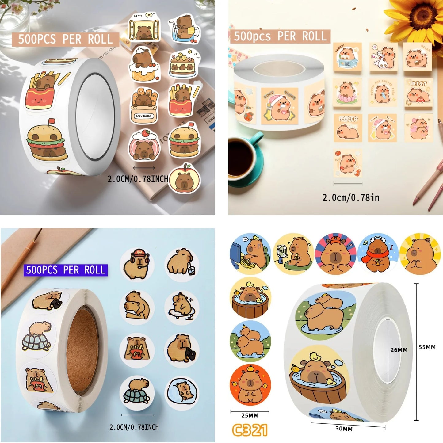 EZ 500 Pcs Capybara Stickers Roll - Waterproof PVC Animal & Food Decals for Laptop, Water Bottle, Phone