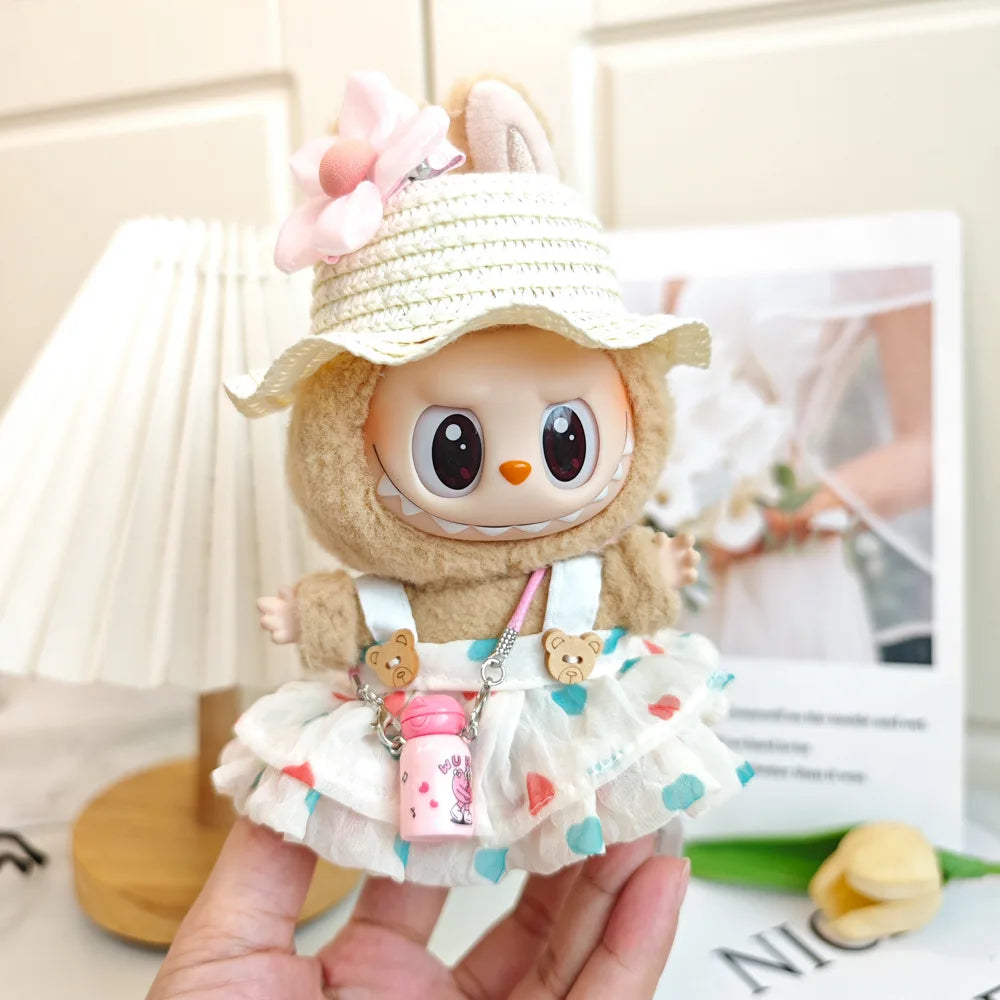 EZ Wrinkled Dress Knitted Straw Hat Vacation Style For 17cm Plush Doll Outfit Perfect Labubu Accessories Ropa Labubu
