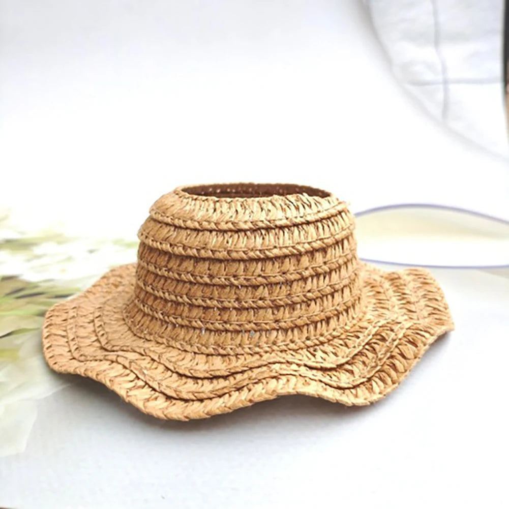 EZ Wrinkled Dress Knitted Straw Hat Vacation Style For 17cm Plush Doll Outfit Perfect Labubu Accessories Ropa Labubu