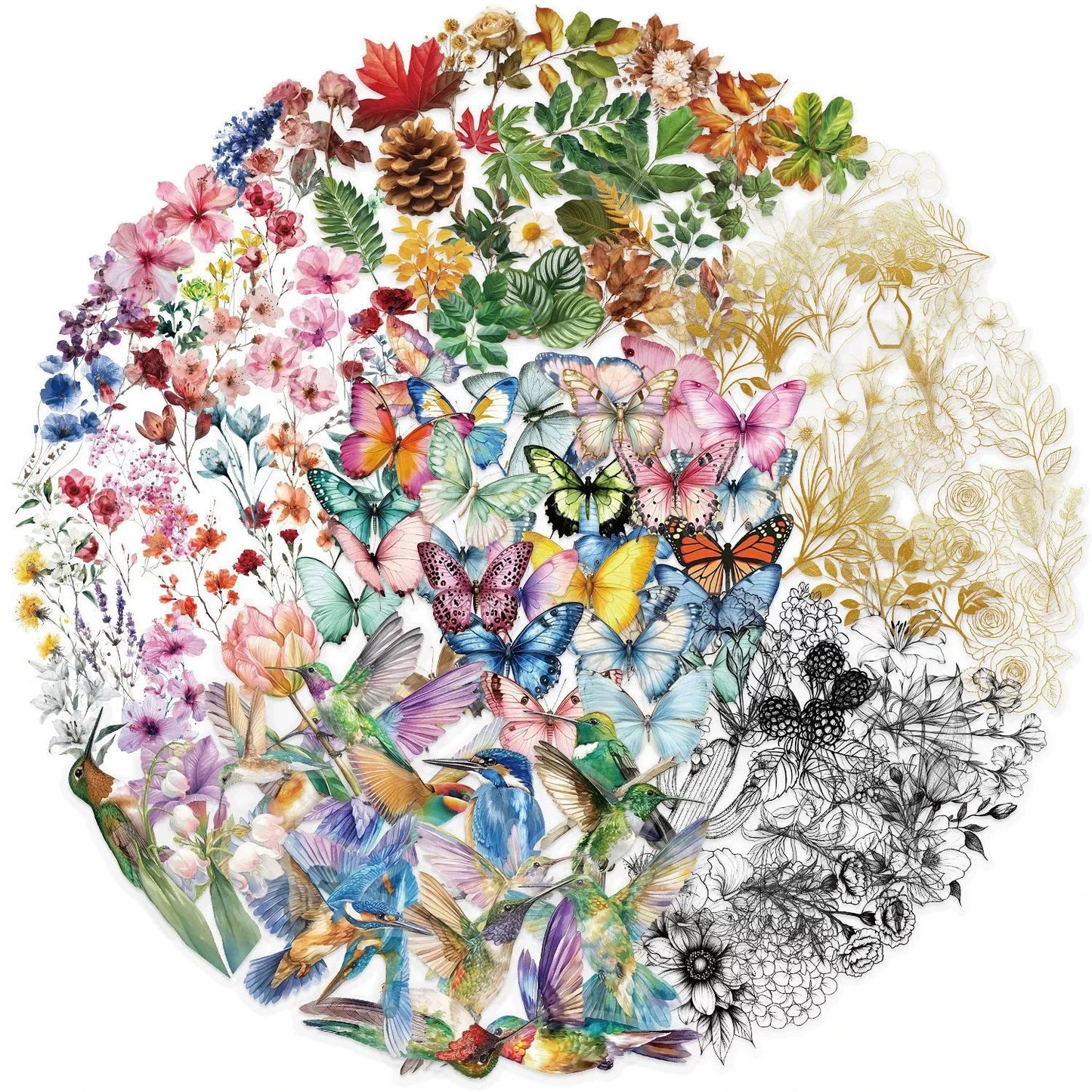 EZ 50/300PCS Ink Flower Sticker Pack Waterproof Transparent PET Brochure Flower Material Decorative Guitar Notebook Stickers