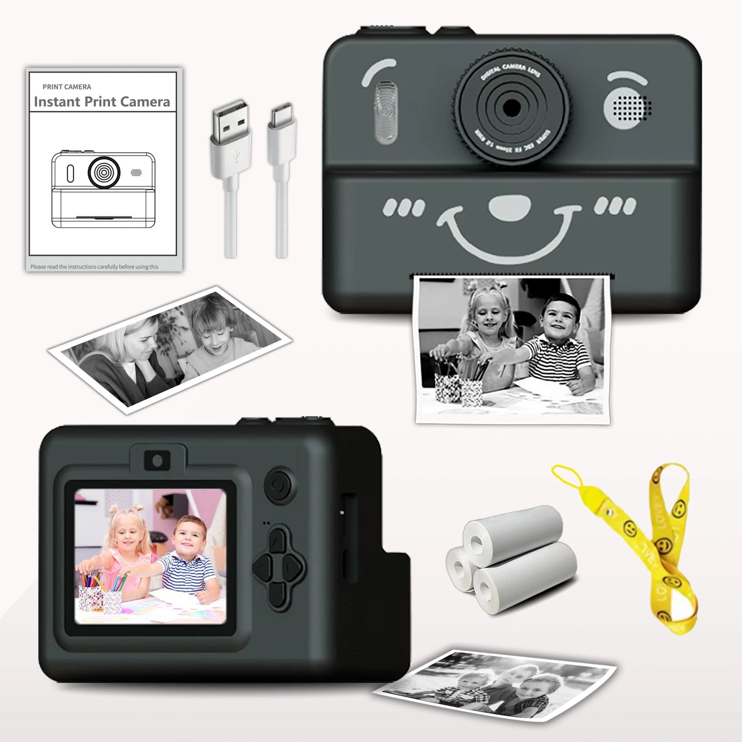 EZ kids instant camera with 3 rolls thermal paper photo&video&games 1080p HD screen 1500mAh lithium battery  gift for boys&girls
