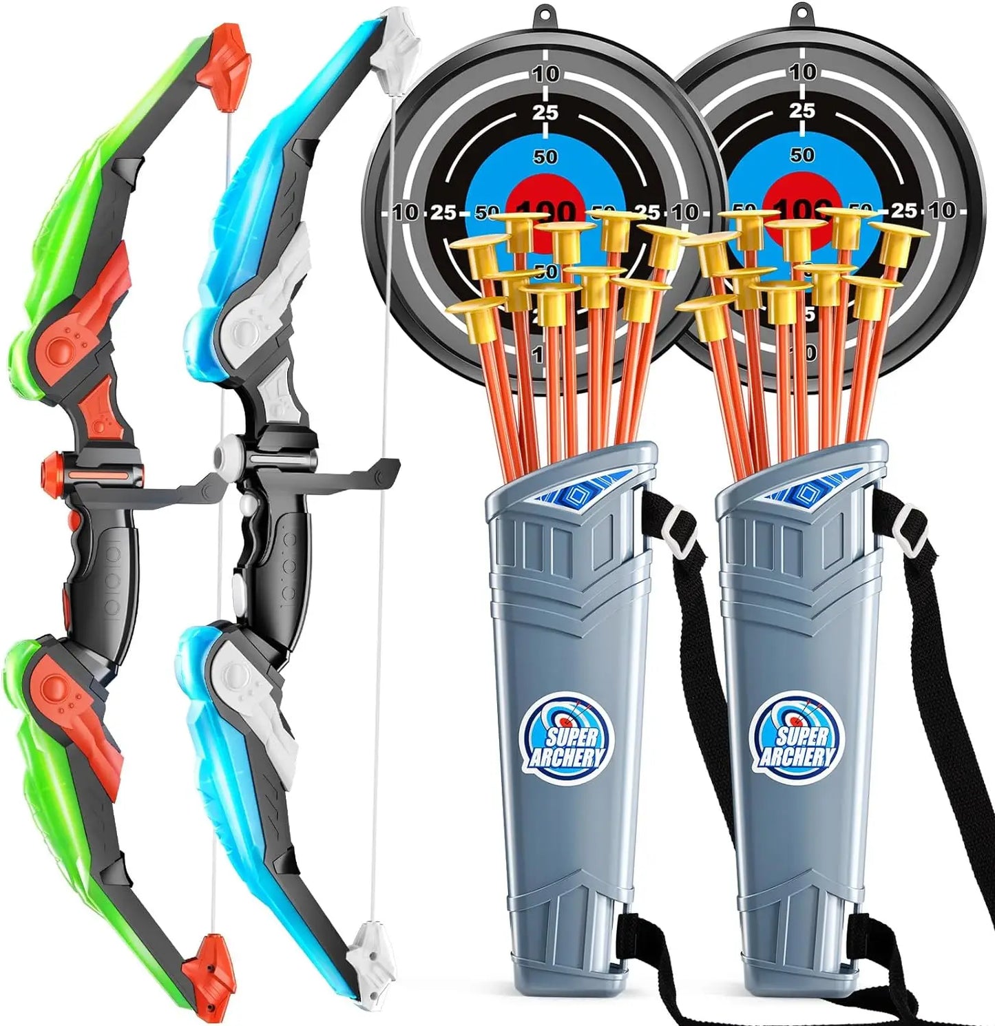 EZ Kids Bow and Arrow Set, LED Light Up Archery Toys Set for Kids Ages 4-8 8-12, with 10 Suction Cup Arrows, Target & Quiver, Boys