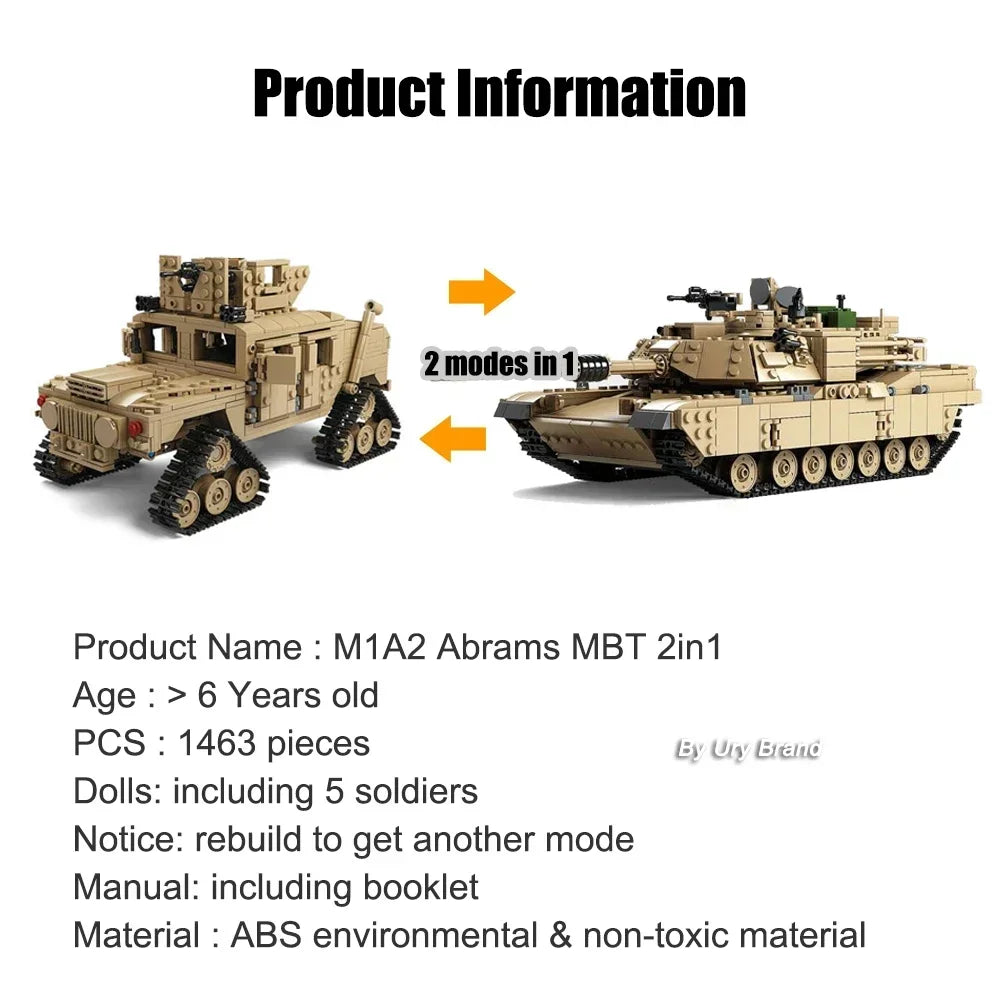 EZ 2in1 WW2 Military M1A2 Abrams MBT Tank Model Army Cannon Chariot Set Soldier Figures DIY Building Blocks Toys for Boys Kids Gift
