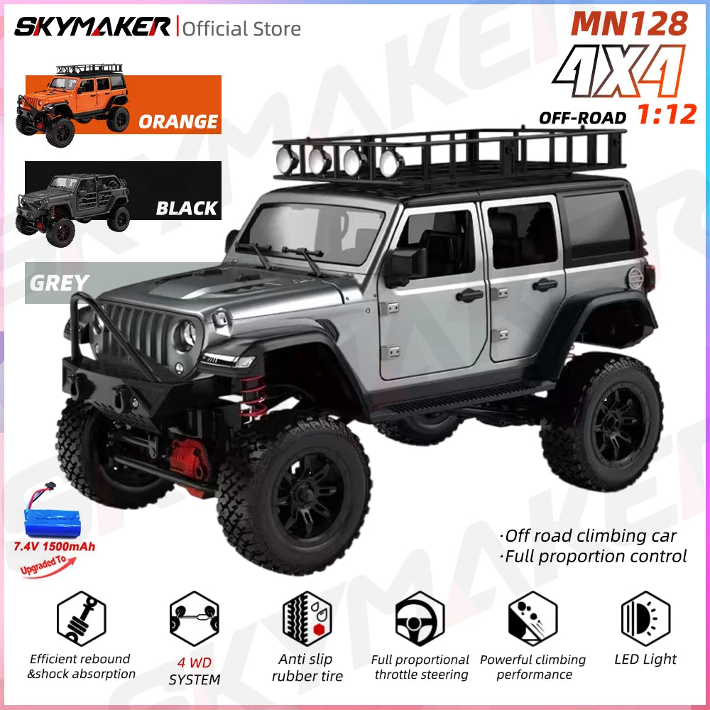 EZ MN128 1/12 RC Car 4WD Jeep Model 2.4G Remote Control LED Light 4X4 Off Road 4WD Climbing RC Truck Electric Toy Car Gift for Boy