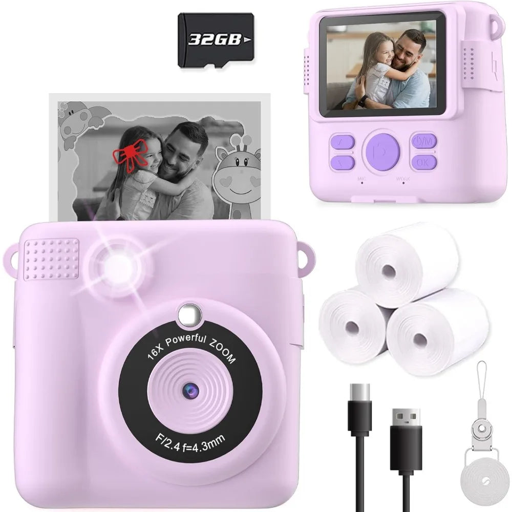 EZ Instant Print Camera for Kids, HD Digital Video Cameras, Portable Toy for 4-10 Year Old Girls Boys with 32GB SD Card-Purple