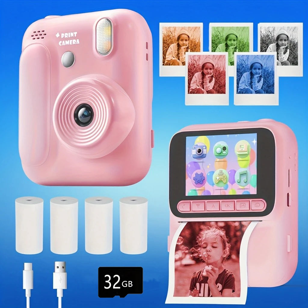 EZ Kids Instant Camera Color Printing Camera 32GB 1080P Thermal Print Toys Camera Print Photo Video Games Music Children Gift
