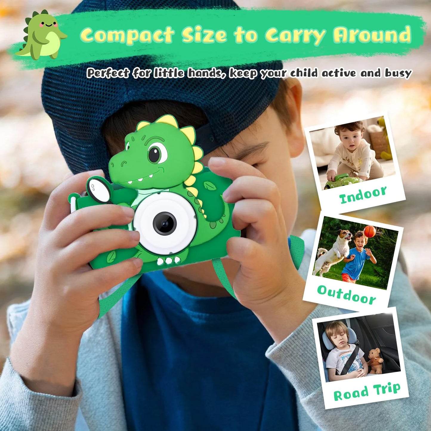 EZ Dinosaur Kids Toy Cameras 1080P HD Video Camera 48MP Dual Camera With Silicone Protective Cover 32GB Card Boy Girl Birthday Gift