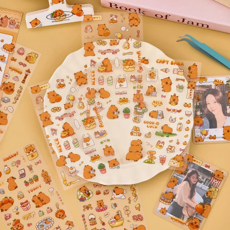 EZ 6PCs Kawaii Capybara Stickers Cartoon Stickers for DIY Hand Account Album Diary Decoration Stickers Aesthetic Stationery Gifts