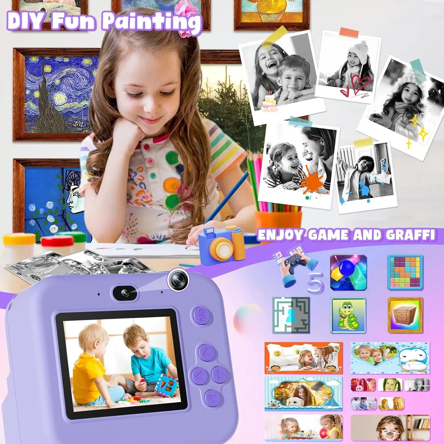 EZ Kids Camera Instant Print Toddler Cameras Thermal Printing Camera Birthday Gifts Toys For Boy Girl Age 3-12 With MP3 Video Game