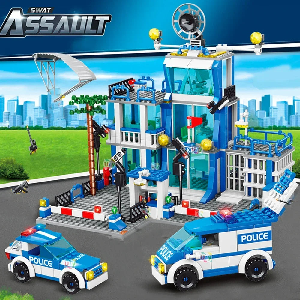 EZ City police station building block group boy DIY car brick police station model building children's educational toy gift