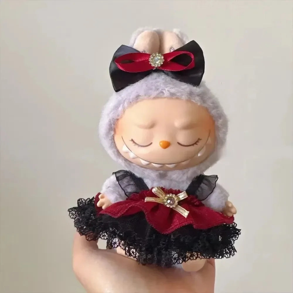 EZ 17cm Mini Plush Doll'S Clothes Outfit Accessories For Korea Kpop Labubu Idol Pink bright silk bow princess gauze skirt Clothing