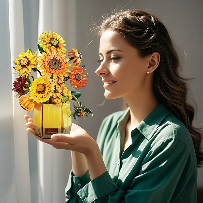 EZ Van Gogh Sunflowers 1328pcs Building Blocks with Vase, Art Building Toys, DIY Flower Bouquet Home Decor, Gift Ideas Women Girls