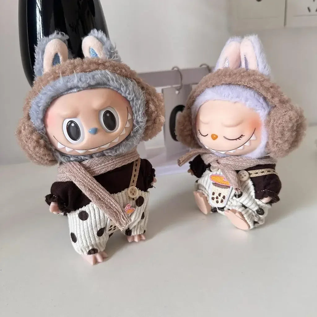 EZ Mini Doll'S Clothes Outfit Accessories For Korea Kpop Exo 15-17cm Labubu Idol Polka dot overalls scarf earmuff set Clothing Gift