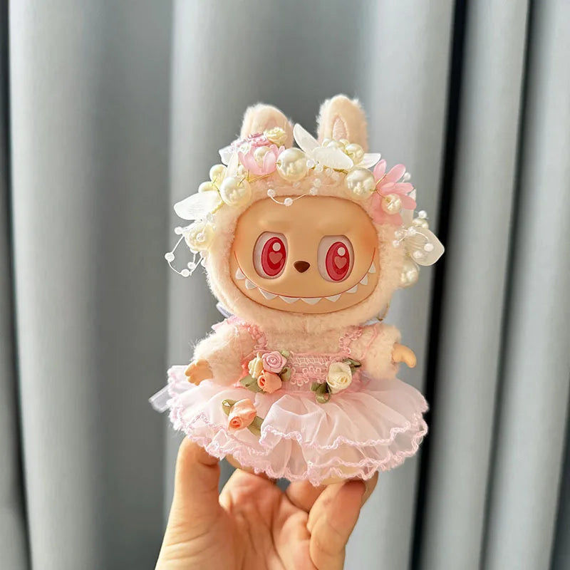 EZ Luxury Plush Wedding Dress Dolls Clothes for Labubu I II Korea Style Fluffy Romantic Wedding Dress Flower Hat Suit for Ladbubu