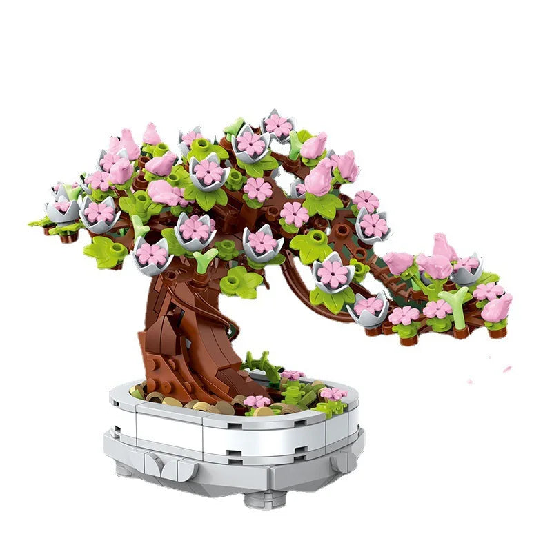 EZ 462PCS Bonsai Building Block Flower Creative Plant Cherry Blossom Tree Potted Bouquet DIY  Home Decoration Gifts Toys