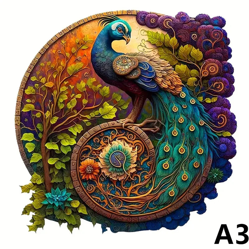 EZ Adult Animal Wooden Puzzle Round Peacock and Bird Wooden Puzzle Children's Puzzle Toy Festival Gift Fox Shape Jigsaw Puzzles
