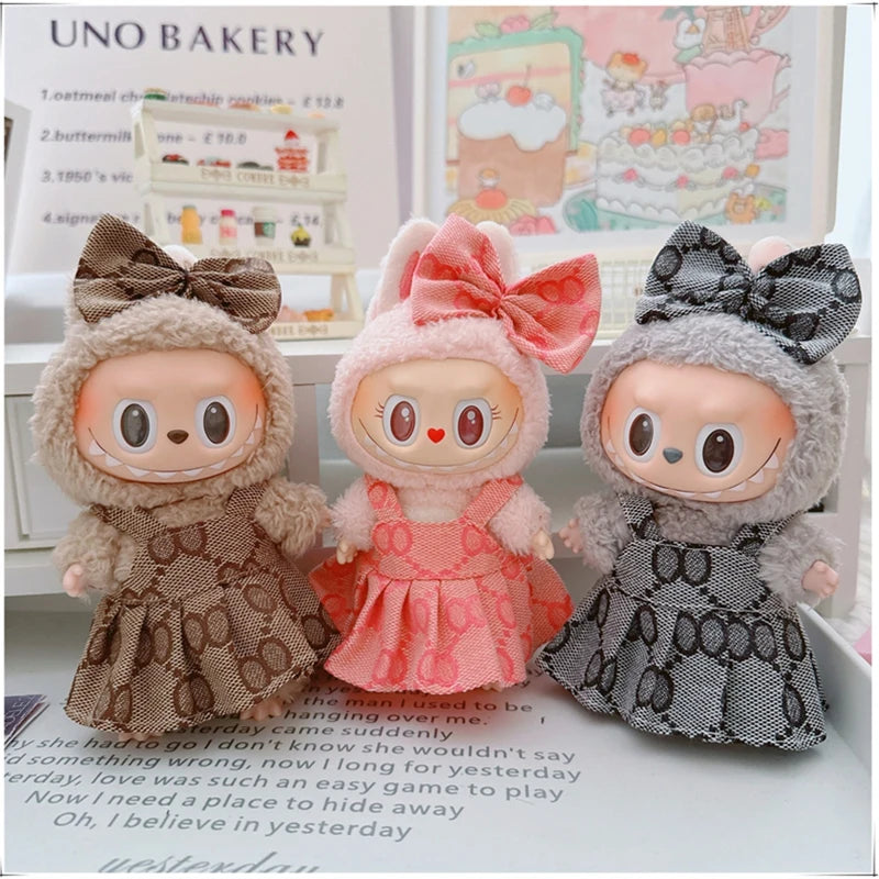 EZ For 17cm Labubu Mini Doll Clothes Outfit Four-leaf Flowers Hat Overalls Clothes Loafer Shoes Doll Accessories Sitting Party