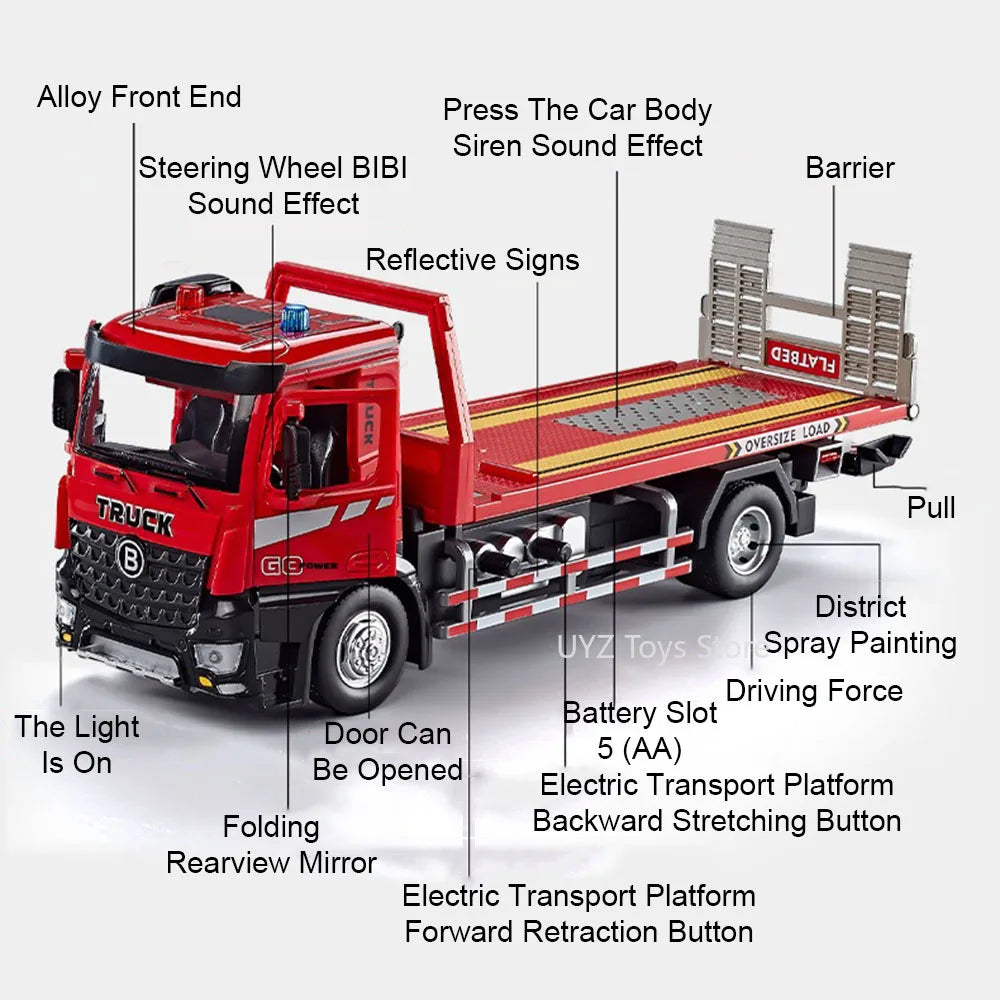EZ 1:24 Electric Flatbed Trailer Cement Pump Truck Model Toys Diecast Alloy Car Doors Opened Sound Light Vehice Children's Boy Gift