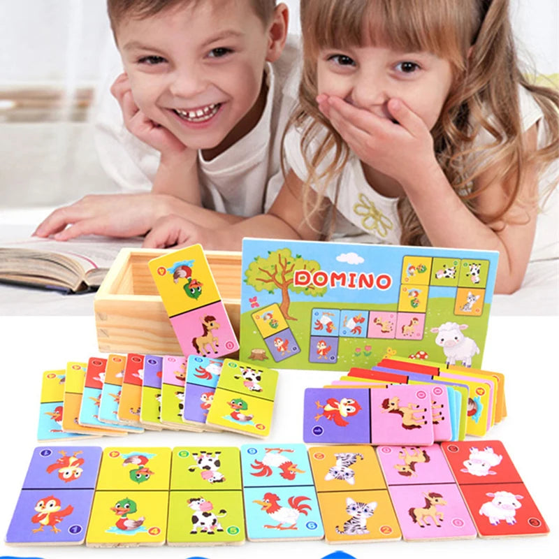 EZ Kids Cognitive Animal Solitaire Dominoes Puzzle Toy Montessori Wooden Animal Color Cognitive Cartoon Jigsaw Board Education Toys