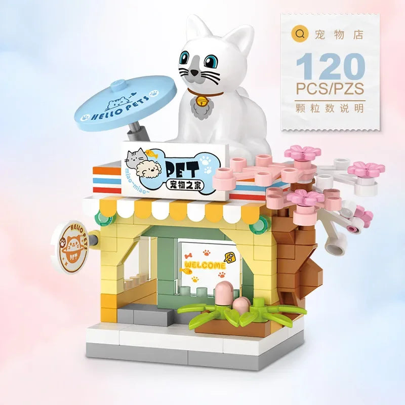 EZ Restaurant Dessert Coffee Pet Fruit Store Street View Food House Building Blocks Kit Girls Bricks Model Kids Toy Boy Child Gifts