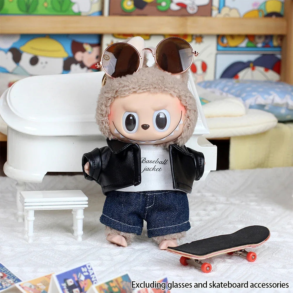 EZ For labubu Cool leather Jacket Dress Fashion Mini Plush Doll Clothes Outfit Accessories for Labubu Idol Skirt Clothing Gift