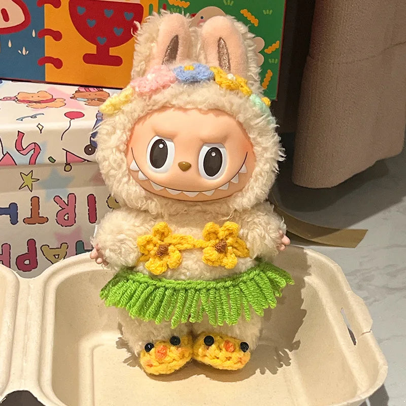 EZ Labubu Clothes 15/17cm V1 V2 V3 Doll Mini Plush Doll Hawaiian Style Bikini Grass Skirt Hair Band 3PCS/Pack Swimsuit Accessories