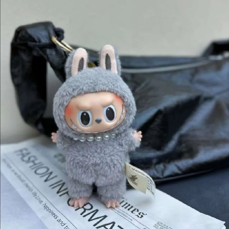 EZ 17cm Labubu Macaron Sitting Party  Ornament DIY Cute Cartoon Plush Pendant Pearl Necklace Chain Alloy Accessory  Labubu Outfit