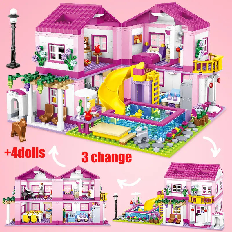 EZ ZKZC 1018pcs City 1 Change 3 Summer Double-storey Villa House Building Blocks Friends Garden Flower Figures Bricks Toys Girls
