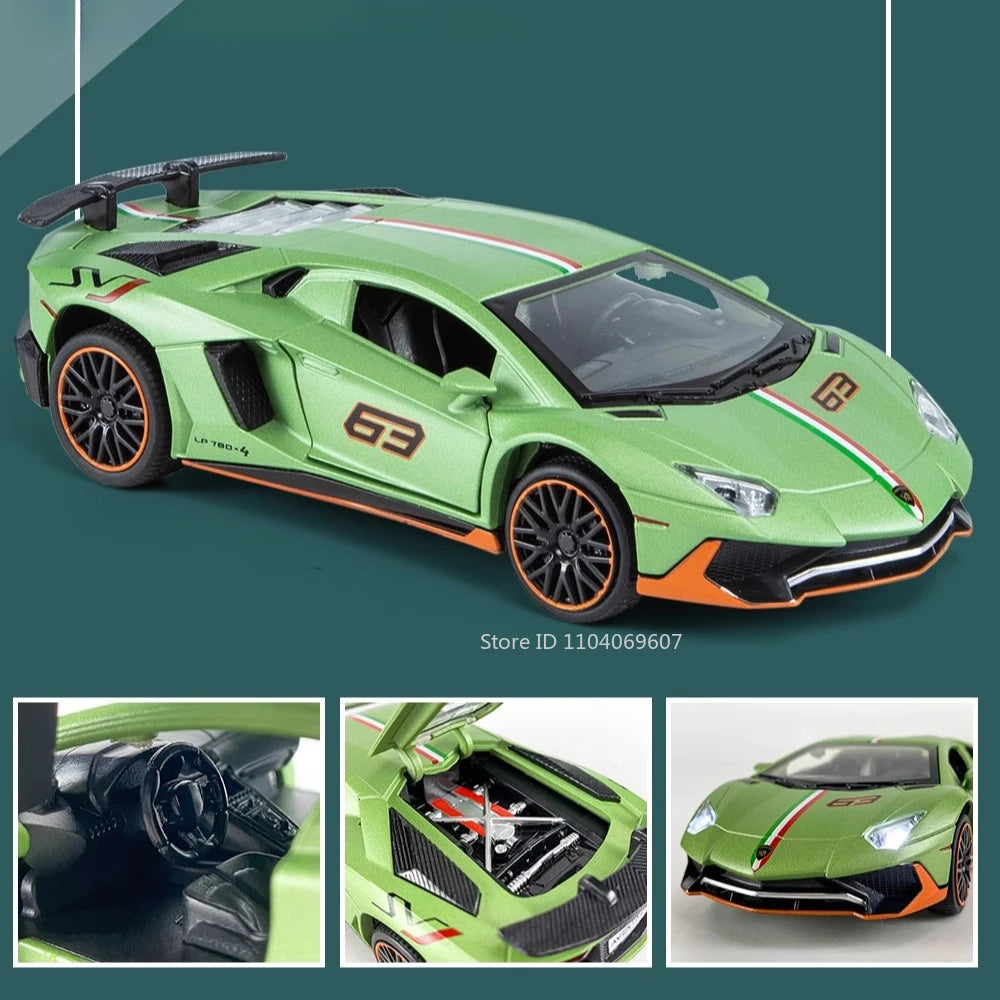 EZ 1:32 Lambor Aventador SVJ LP780-4 Sports Car Model Toy Diecast Metal Scissor Doors Opened Simulation Sound Light Hobby Gifts