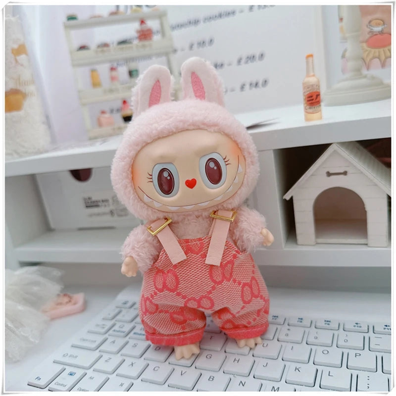 EZ For 17cm Labubu Mini Doll Clothes Outfit Four-leaf Flowers Hat Overalls Clothes Loafer Shoes Doll Accessories Sitting Party