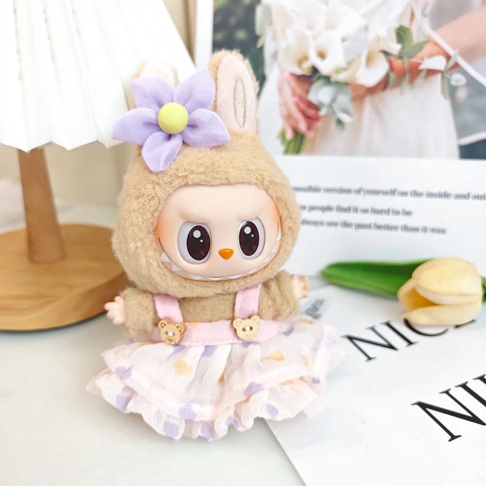EZ Wrinkled Dress Knitted Straw Hat Vacation Style For 17cm Plush Doll Outfit Perfect Labubu Accessories Ropa Labubu