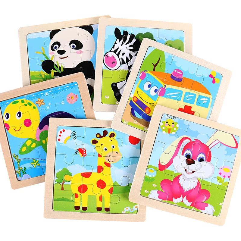 EZ 11cm/4.33in Kids Wooden Jigsaw Puzzle Games Cartoon Animal Vehicle Pattern Children Montessori Educational Toys