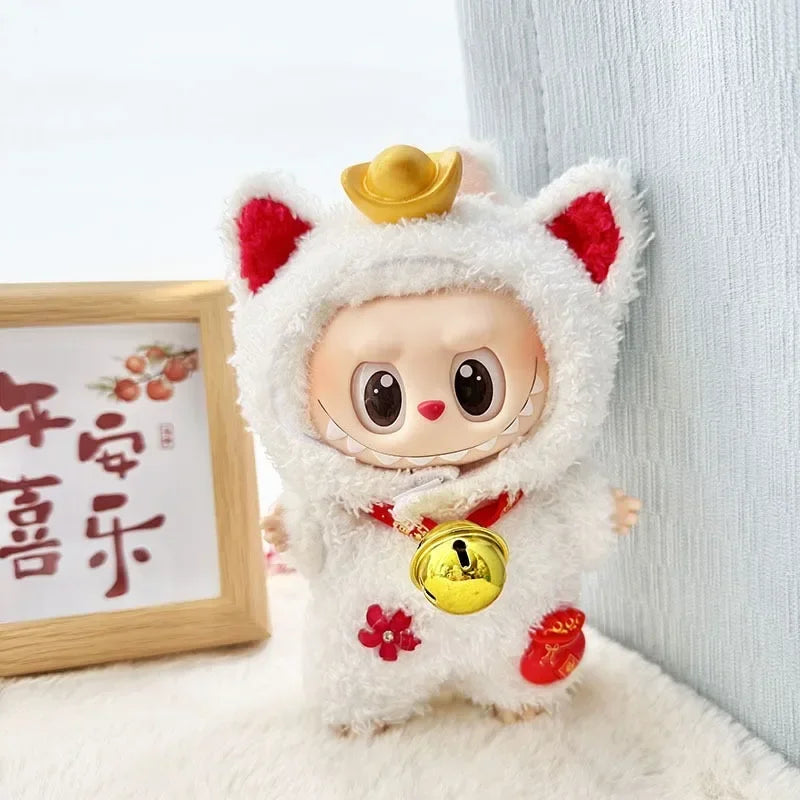 EZ 17 Cm Labubu Clothes Pendant Labubu Sitting Baby Clothes Lucky Cat  Set  Dolls Accessories Labubu Outfit