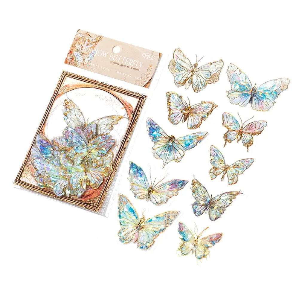 EZ 5Style 20pcs/pack INS Butterfly PET Sticker Pack Ice Crystal Laser Gold DIY Handbook Decoration 3D Scrapbook