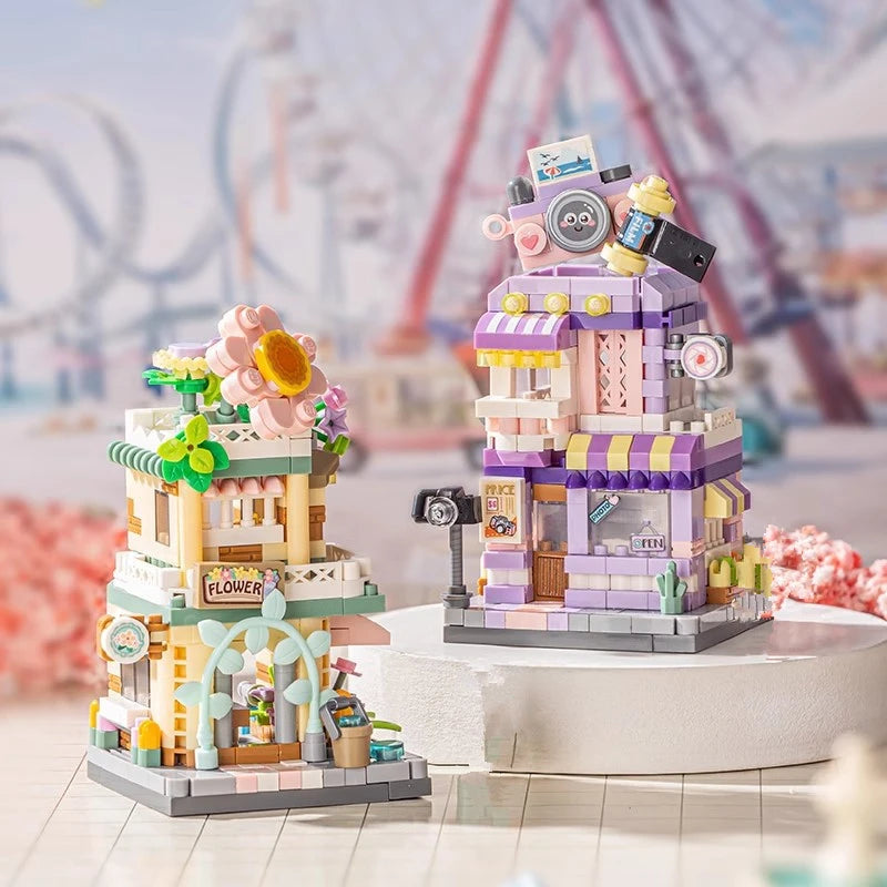 EZ NEW Panda Pet Coffee Ice Cream Flower Shop Store Street View Food House Building Blocks Kit Girls Bricks Model Kids Toy Children