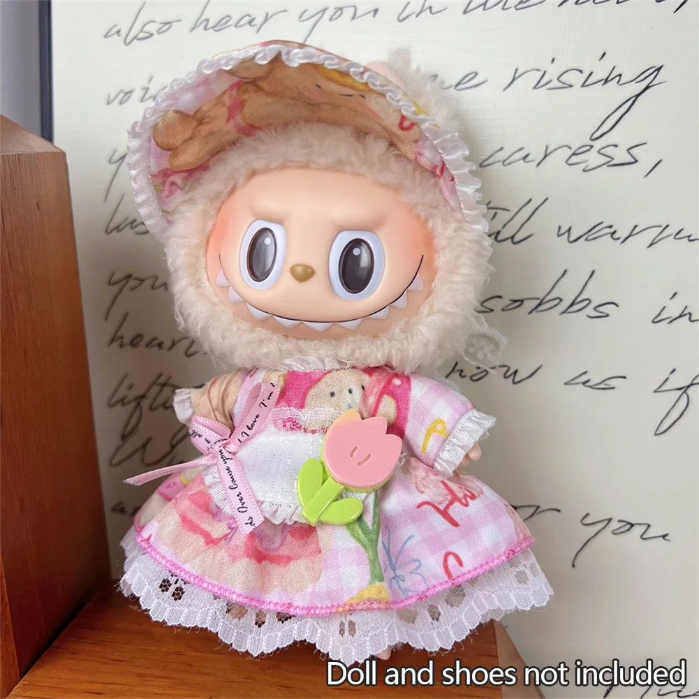EZ For 17cm labubu V1 V2 baby clothes bear overalls outfit plush vinyl face labubu doll pendant clothes