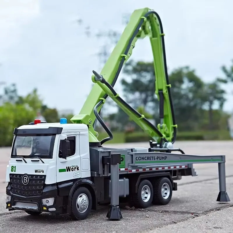 EZ 1:24 Electric Flatbed Trailer Cement Pump Truck Model Toys Diecast Alloy Car Doors Opened Sound Light Vehice Children's Boy Gift