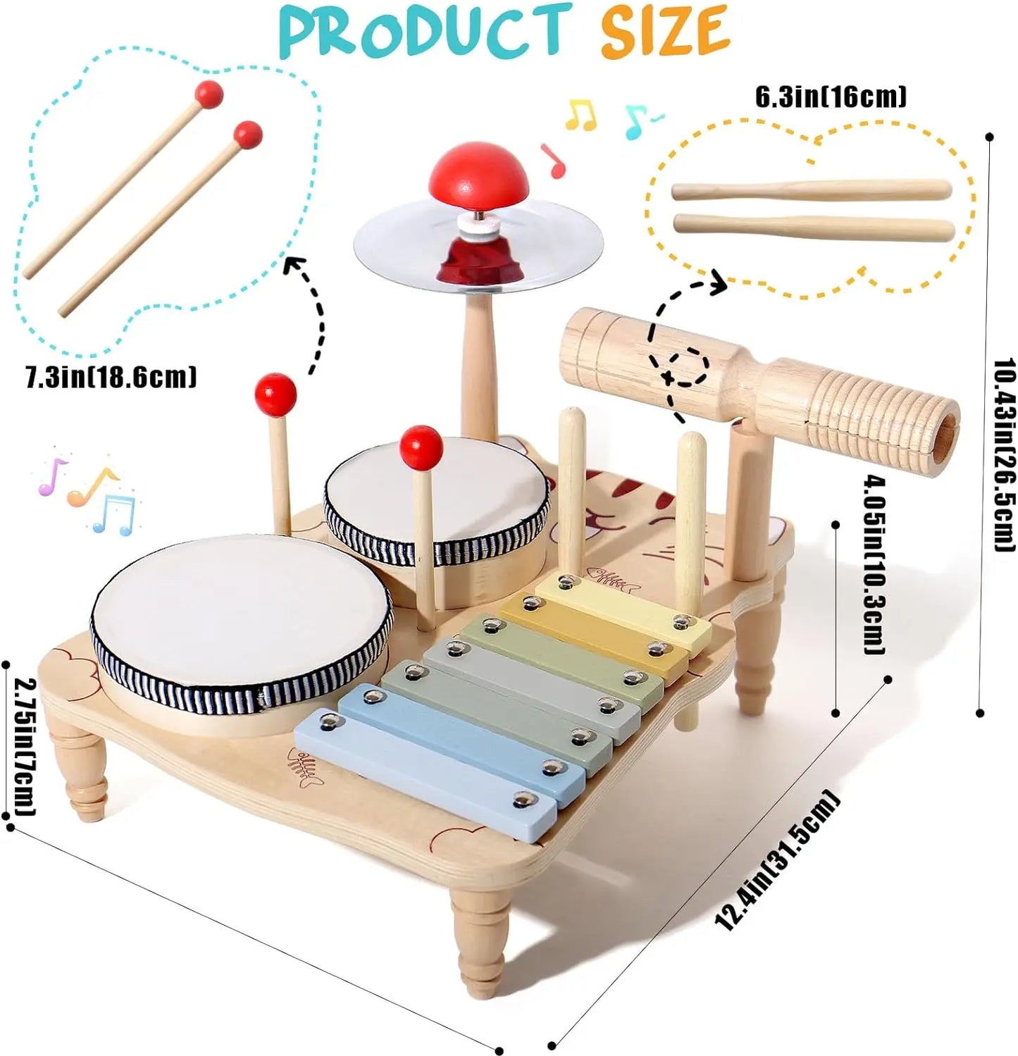 EZ Wooden Xylophone Drum Set For Toddlers,Montessori Baby Musical Instruments Toys, Drum Set Percussion Instruments Musical Toys