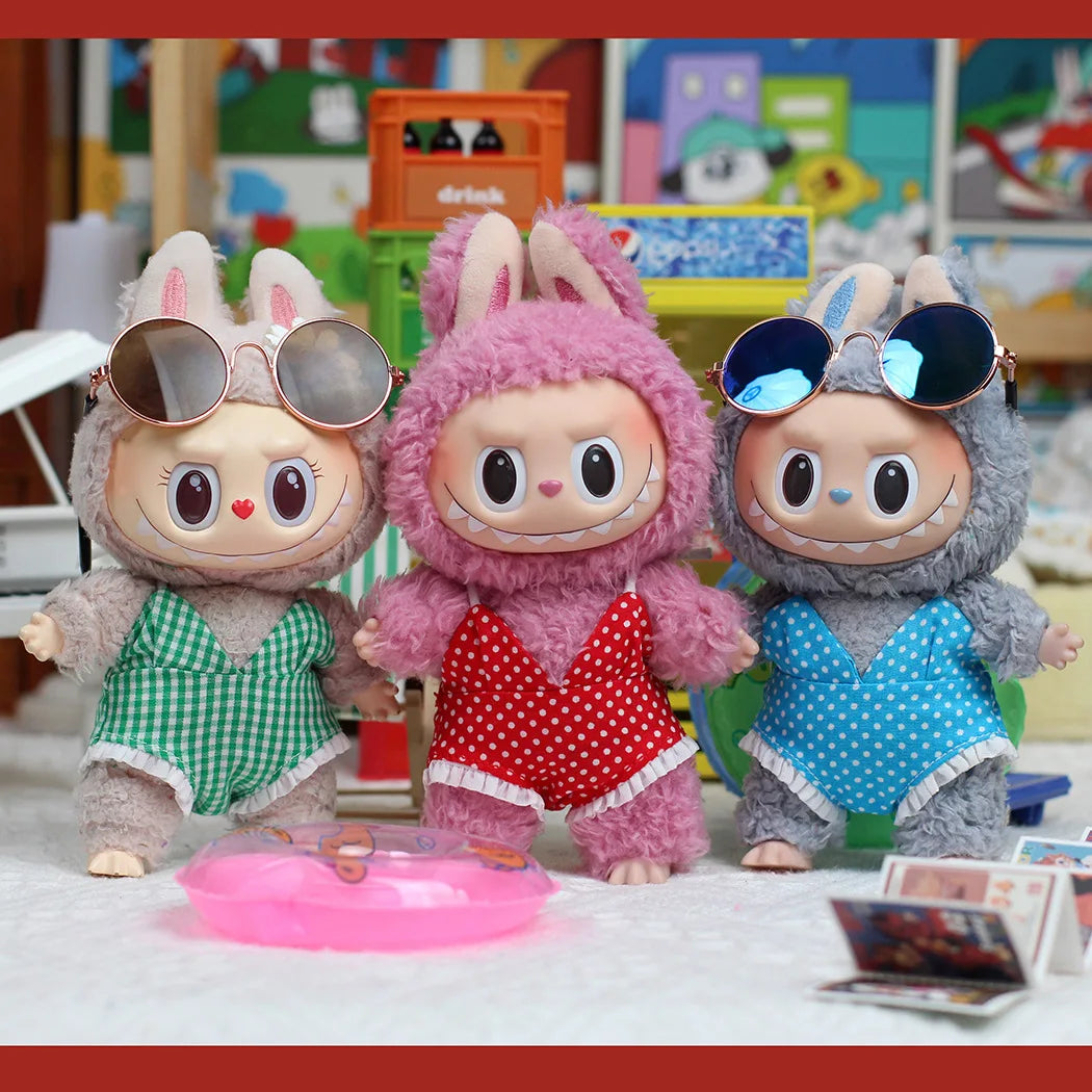 EZ Cute Labubu Doll Chair Mobile Phone Holder & Summer Swimsuit Dress with Slippers Doll Shirt Sea Beach Style