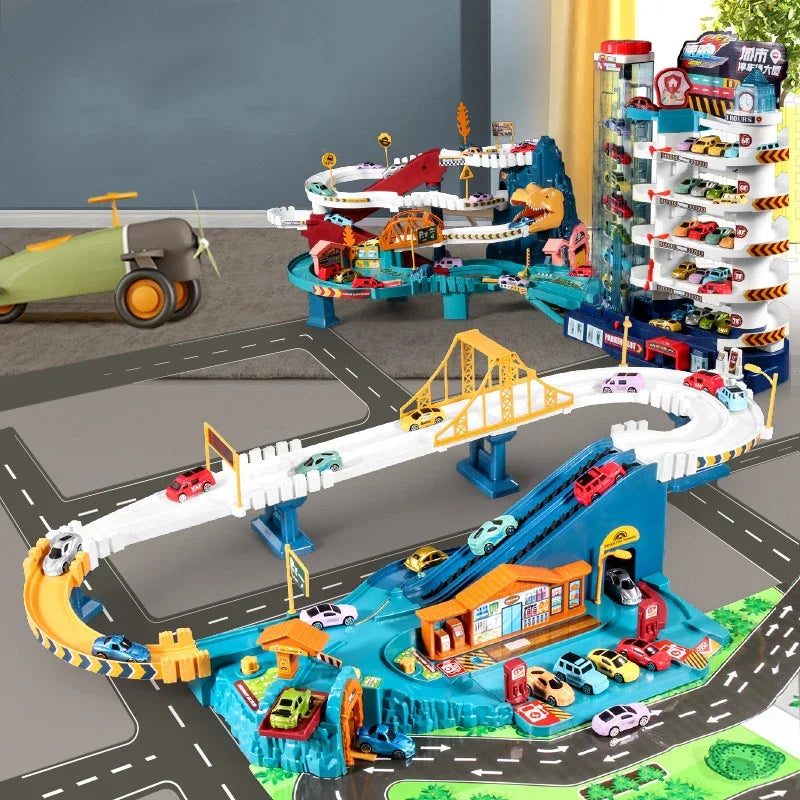 EZ Electric Rail Car Dinosaur Building Parking Lot Adventure Racing Rail Car Toys Children Brain Mechanical Interactive Rail Cars