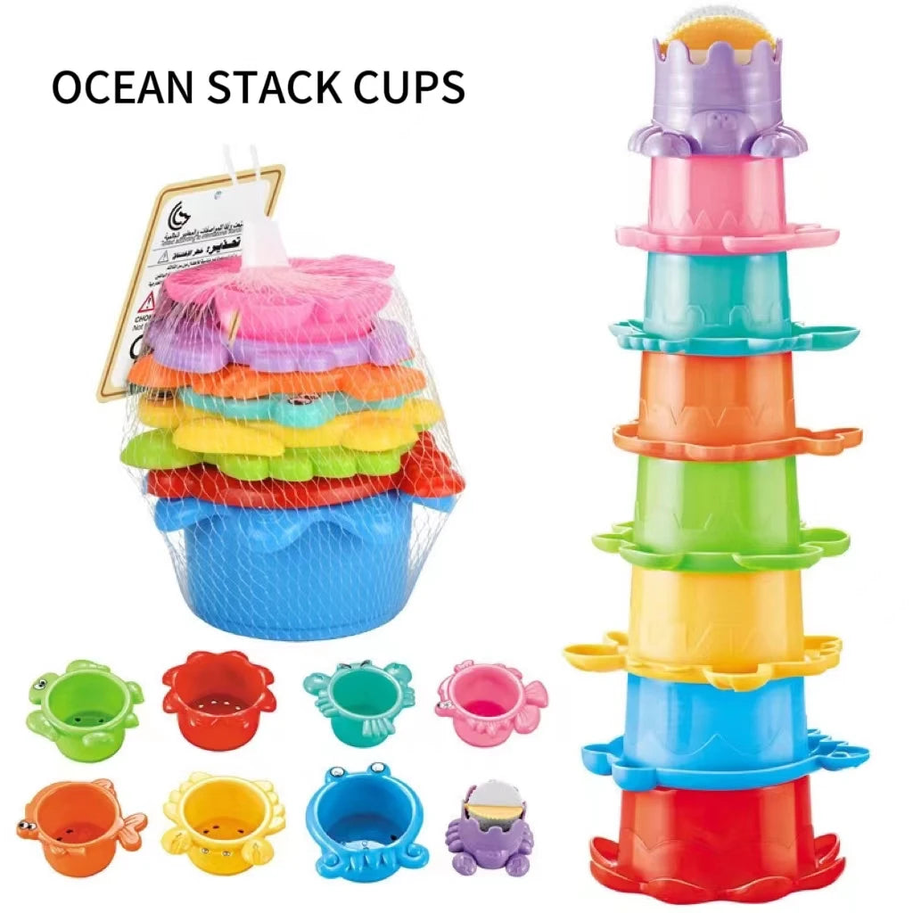EZ Stacking Cup Bath Toys for Kids Colorful Folding Boat Shape Tower Early Educational Baby Toys Swimming Pool Beach Toys Gifts