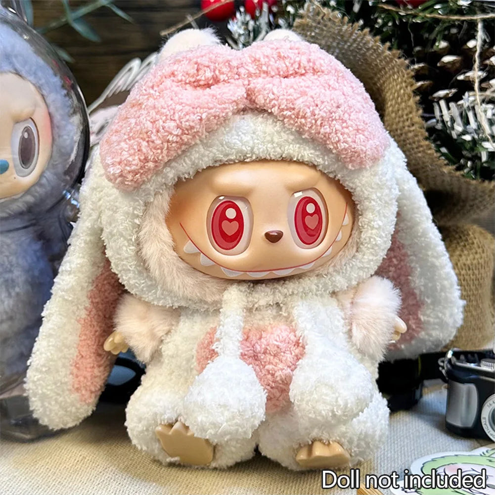 EZ For 17cm/10.5cm Labubu 4.0/3.0 Accessories Doll Clothes Heartbeat Long Eared Furry Rabbit Costume Cartoon Dress Up Labubu Outfit